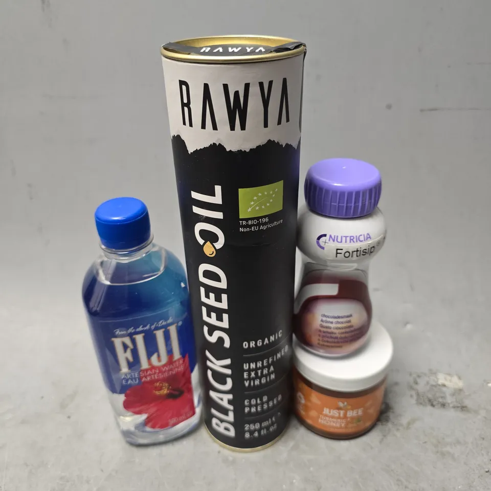 APPROXIMATELY 10 ASSORTED FOOD & DRINK ITEMS TO INCLUDE - NUTRICA FORTISIP CHOCOLATE , FIJI WATER , JUST BEE ETC