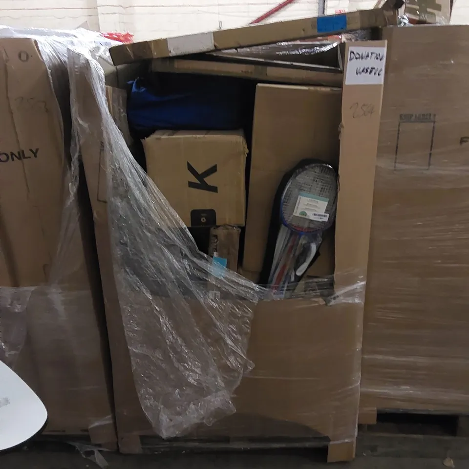 PALLET TO CONTAIN ASSORTED HOUSEHOLD ITEMS AND CONSUMER PRODUCTS. INCLUDING BADMINTON SET, KIDS BIKE, ADJUSTABLE WEIGHT BENCH, YOGA MATT, BOXED FURNITURE ETC