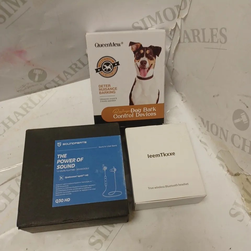 LOT OF THREE TO INCLUDE QUEEN MEW DETER NUISANCE BARKING , THE POWER OF SOUND EARBUDS , ETC