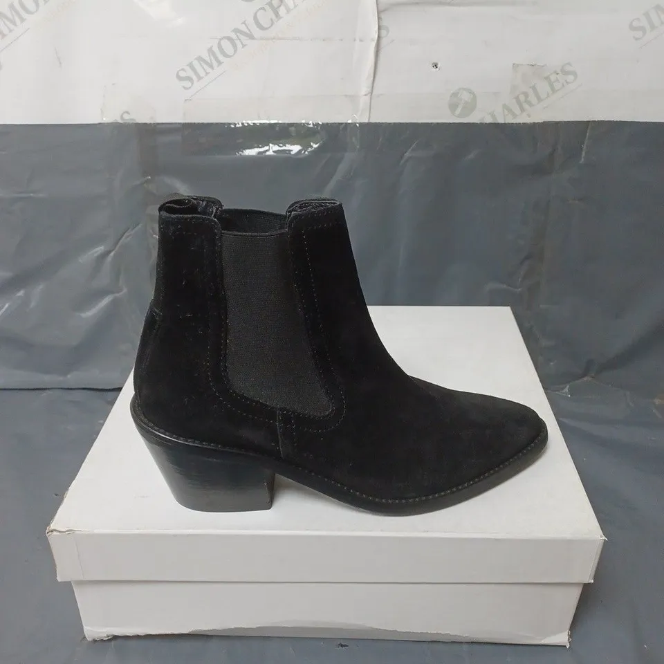 BOXED PAIR OF WOMENS BLACK SUEDE ANKLE BOOTS SIZE 36