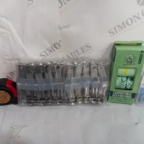 BOX OF APPROXIMATELY 9ASSORTED ITEMS TO INCLUDE - TAPE MEASURE - DOG POO BAGS - ORIGINAL NIGHT DUMBYS ECT