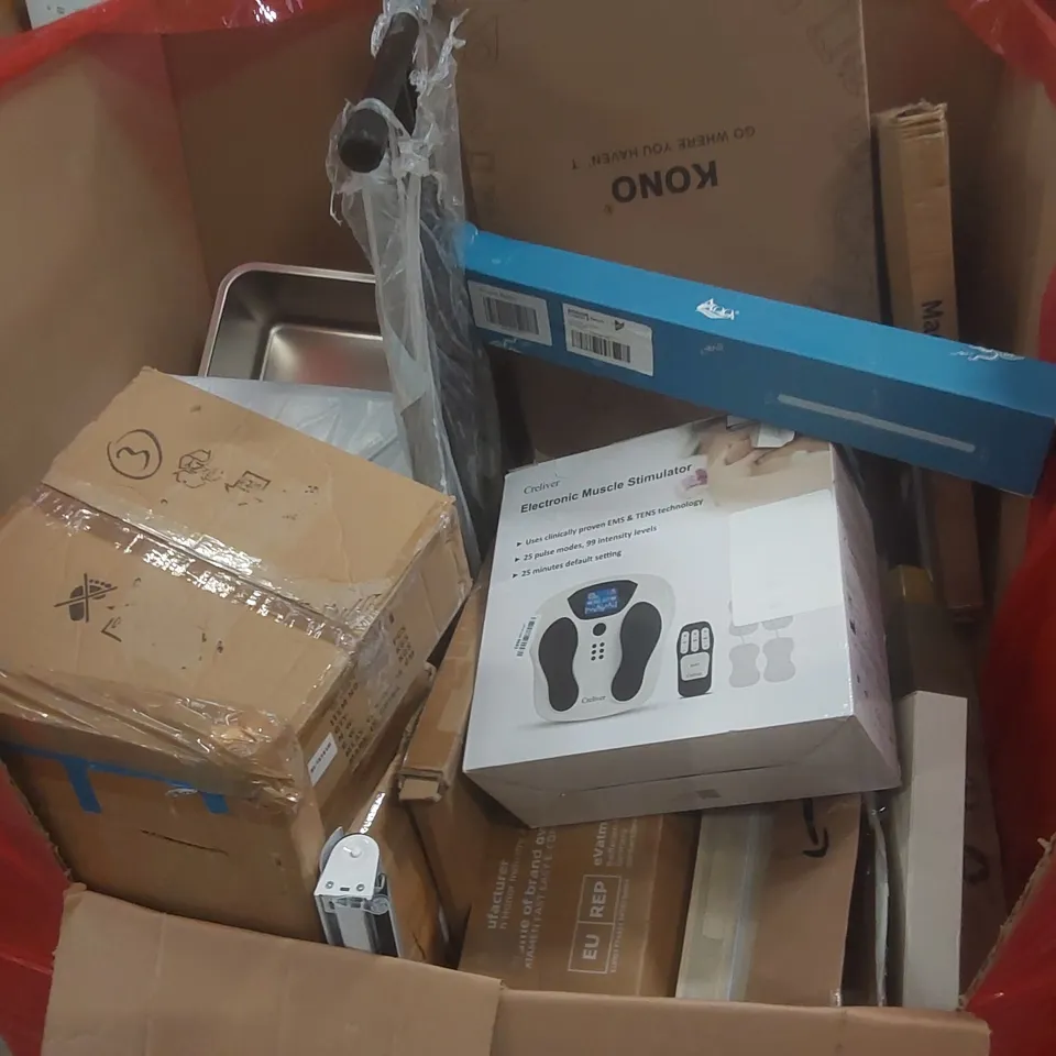 PALLET CONTAINING A LARGE QUANTITY OF ASSORTED ITEMS INCLUDING: IRONING BOARD, ELECTRONIC MUSCLE STIMULATOR, LED AQUARIUM LIGHT ECT