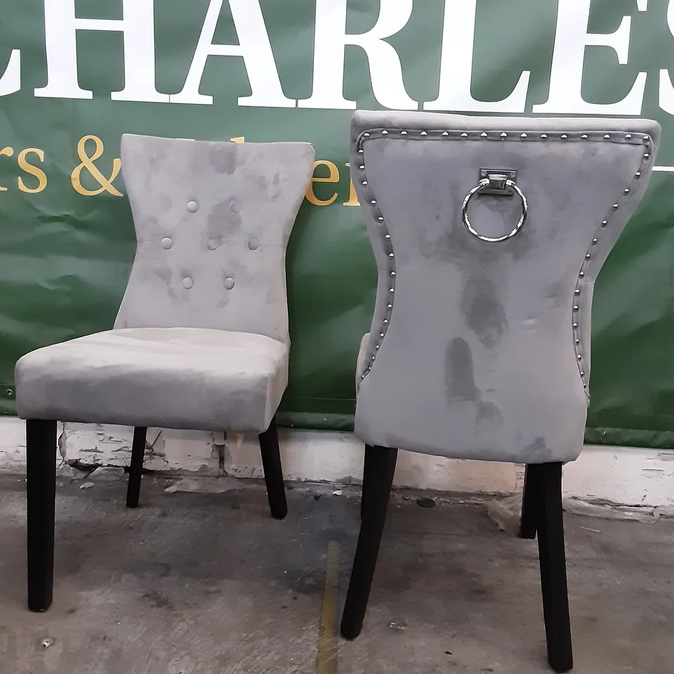 SET OF 4  LIGHT GREY VELVET DINING CHAIRS WITH STUDDED OUTLINE , ONE LEG MISSING ON ONE CHAIR 