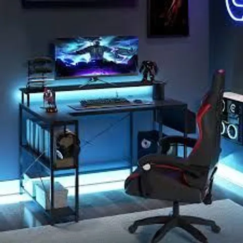 BOXED L-SHAPED GAMING DESK 120 CM COMPUTER DESK WITH LED LIGHTS AND POWER OUTLETS - BLACK (1 BOX)