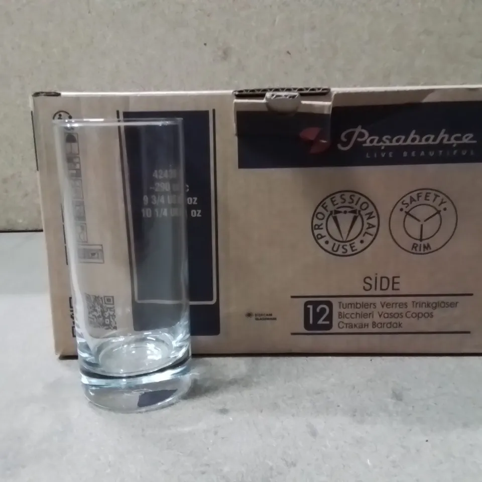 BOXED PASABAHCE HI BALL GLASSES APPROXIMATELY 12