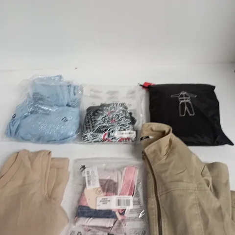 BOX OF APPROXIMATELY 20 ASSORTED CLOTHING ITEMS IN VARIOUS COLOURS, SIZES AND STYLES