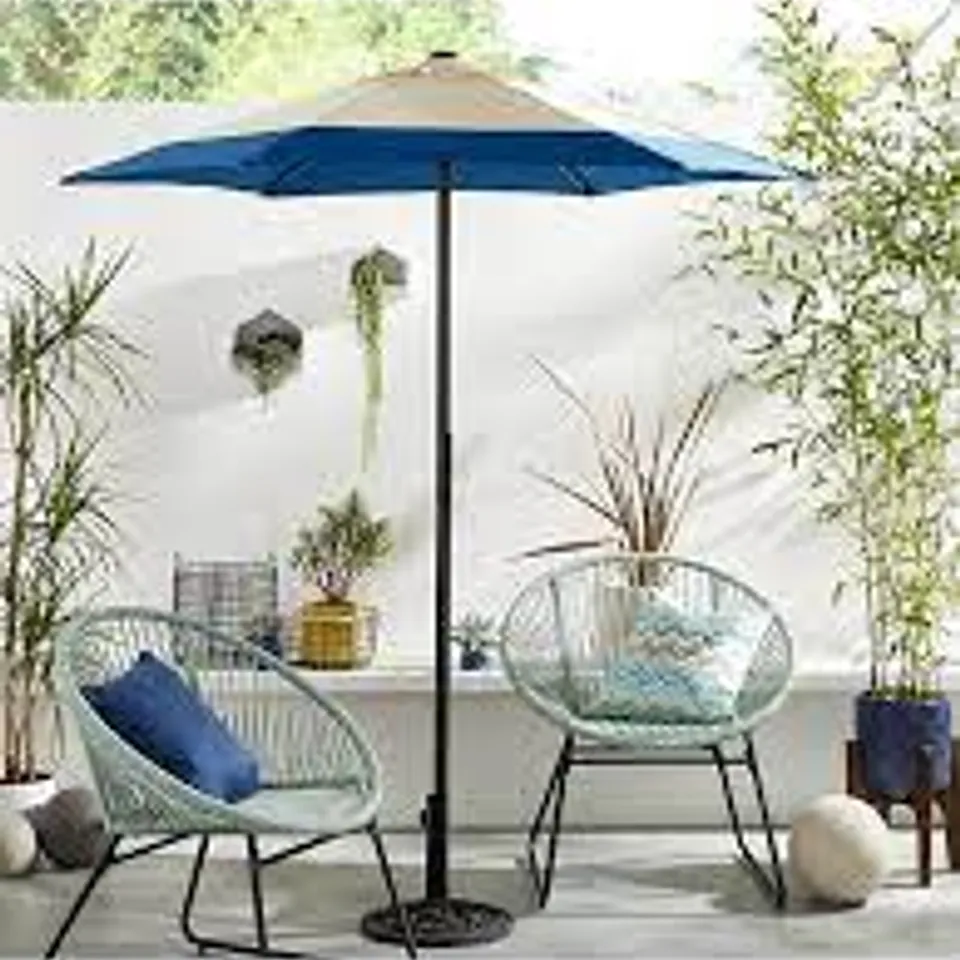 BOXED BORDER STRIPE 2M PUSH UP PARASOL - BLUE/NATURAL