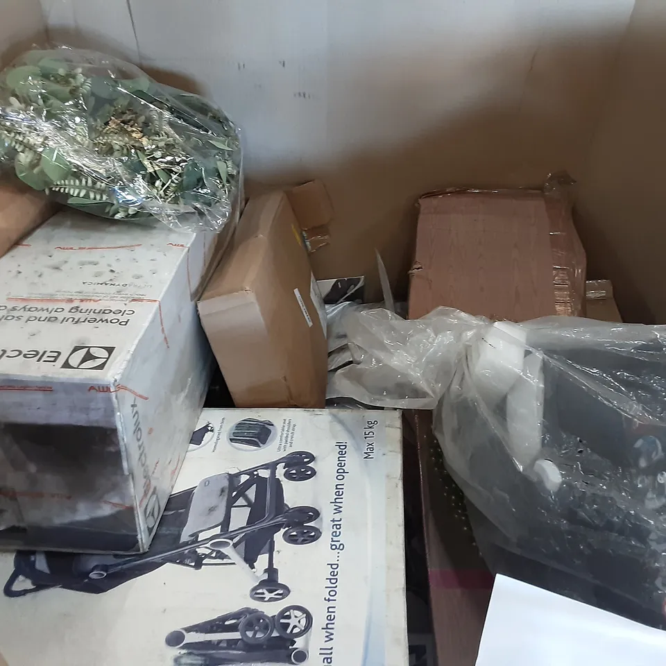 PALLET OF ASSORTED PRODUCTS TO INCLUDE PLAY HAHA, FURWOO OFFICE STOOL, RIO ROLLER ROLLER SKATES, DONYER POWER ELECTRIC PATIO HEATER, INDOOR/OUTDOOR PATIO MAT, CHICCO MIINIMO BABY STROLLER