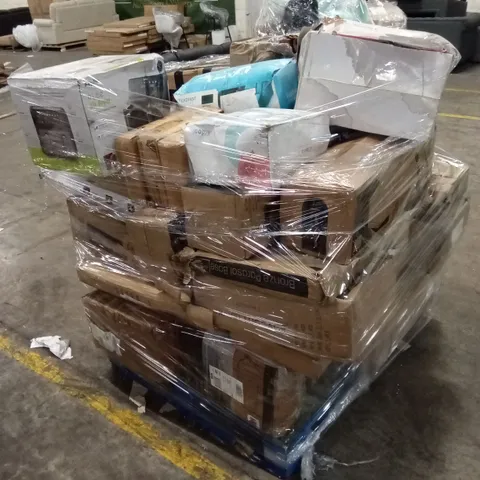 PALLET OF ASSORTED HOUSEHOLD GOODS AND PRODUCTS TO INCLUDE; AIR FRYER, SUITCASE, PARASOL BASE ETC