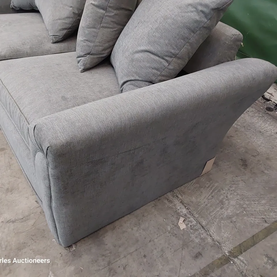DESIGNER THREE SEATER SOFA WITH SCATTER CUSHIONS GREY FABRIC 