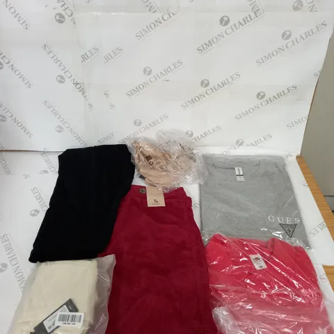 LARGE BOX OF ASSORTED CLOTHING ITEMS IN VARIOUS COLOURS AND SIZES INCLUDING TROUSERS , TOPS AND JUMPERS