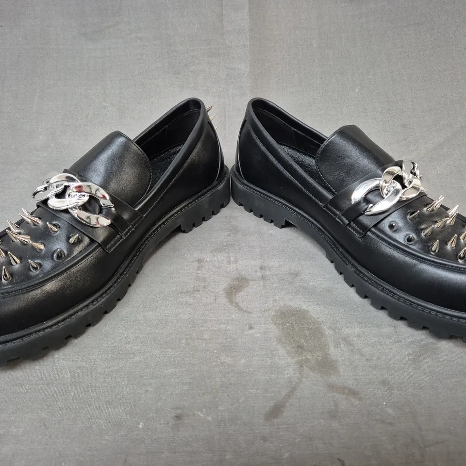BOXED PAIR OF KOI THE GRAVE WARDEN MEN'S SPIKED LOAFERS IN BLACK UK SIZE 12