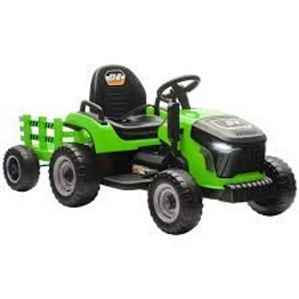 BOXED AIYAPLAY 12V RIDE ON TRACTOR AND TRAILER WITH REMOTE CONTROL - GREEN (1 BOX)