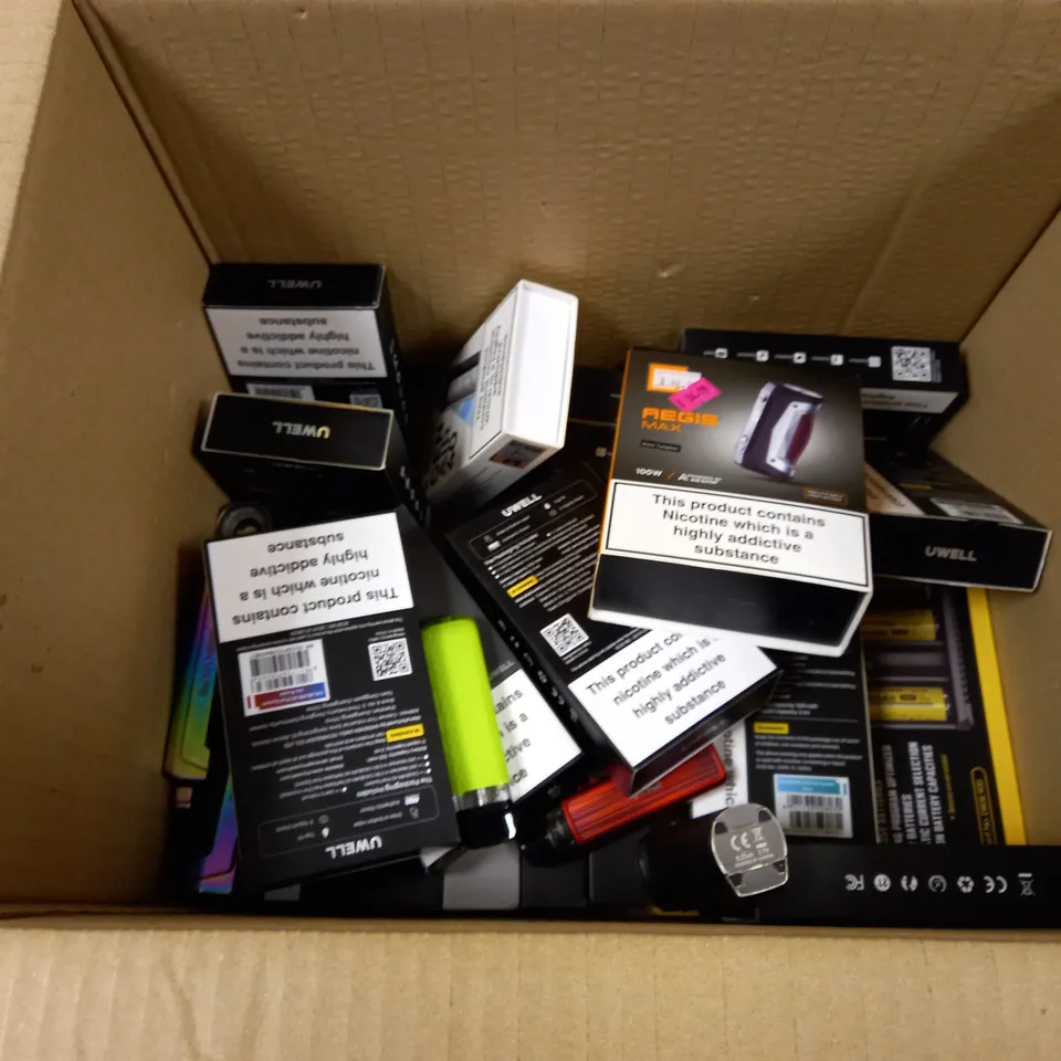 BOX OF APPROXMATELY 25 E-CIGARETTES AND LIQUIDS TO INCLUDE VAPORESSO GEN AIR 40, CALIBURN A2 POD SYSTEM, AEGIS MAX BLACK TUNGSTEN, ETC