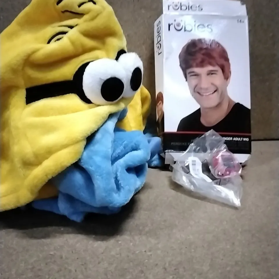 LOT OF VARIOUS ASSORTED HOUSEHOLD ITEMS TO INCLUDE: MINION ONESIE, MENS GINGER WIG, TAMAGOCHI ETC