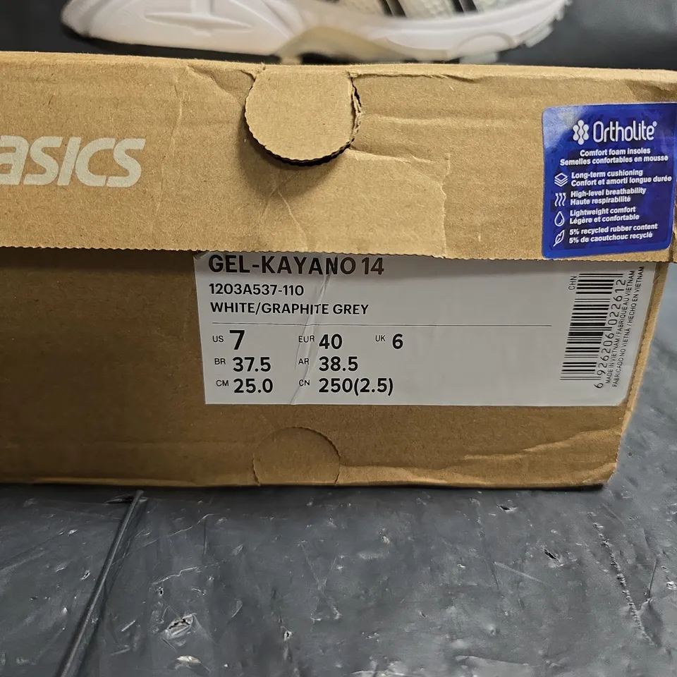 ASICS GEL-KAYANO 14 RUNNING SHOES – WHITE/GRAPHITE GREY – UK 6 – BOXED