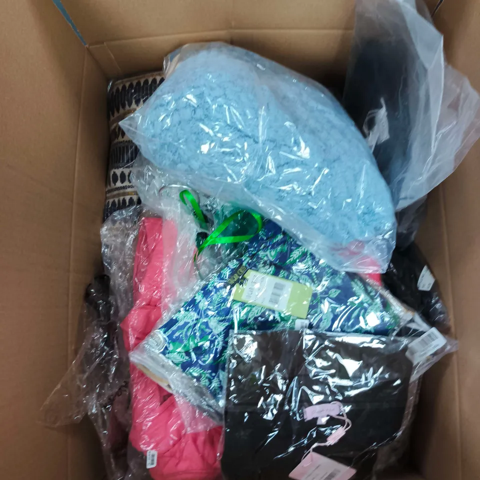 BOX OF APPROXIMATELY 20 ASSORTED ITEMS TO INCLUDE:  MUDFLOWER PINK DENIM JACKET 