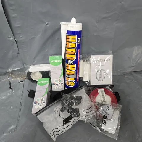 APPROXIMATELY 12 ASSORTED HOUSEHOLD ITEMS TO INCLUDE HARD AS NAILS HIGH POWER ADHESIVE, CAPSULE FUZZER, UNIVERSAL SUPER GLUE, ETC