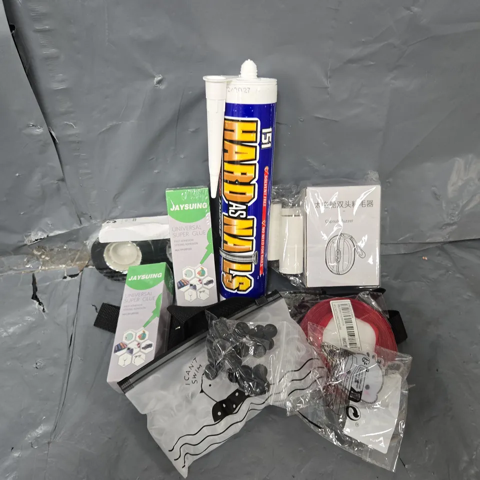 APPROXIMATELY 12 ASSORTED HOUSEHOLD ITEMS TO INCLUDE HARD AS NAILS HIGH POWER ADHESIVE, CAPSULE FUZZER, UNIVERSAL SUPER GLUE, ETC