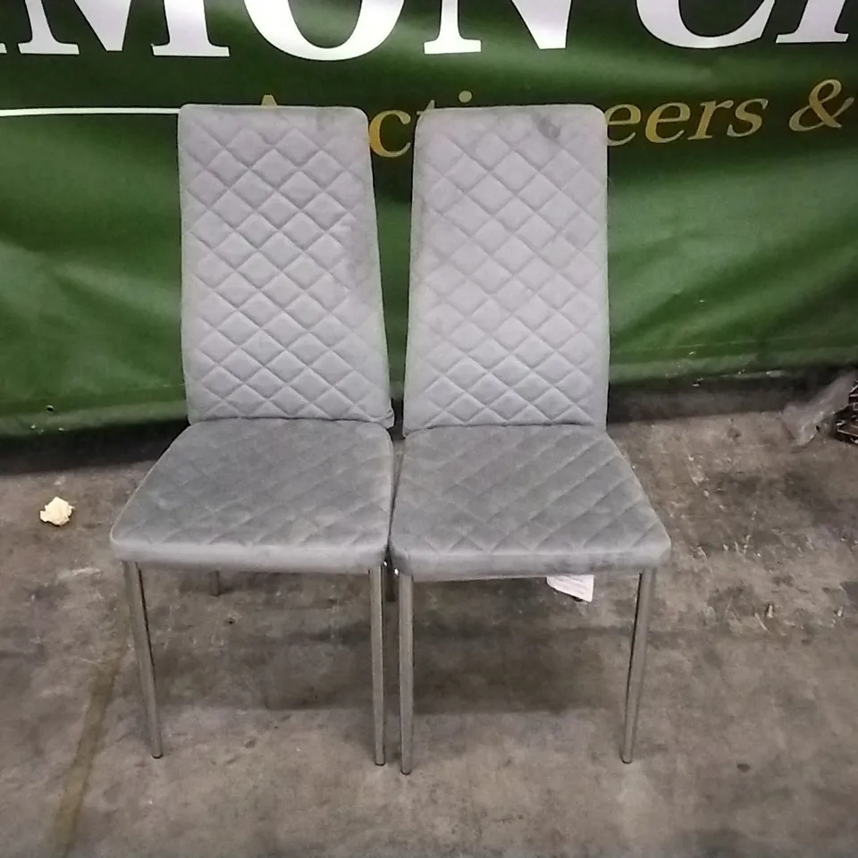 SET OF 2 GREY VELVET PILLOWED DINING CHAIRS WITH CHROME LEGS