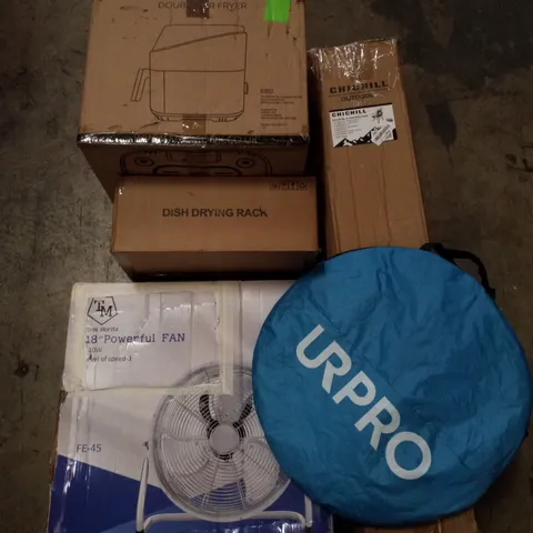 PALLET CONTAINING ASSORTED PRODUCTS INCLUDING POP UP TENT, 18" FLOOR FAN, DISH DRYING RACK, AIR FRYER & ADJUSTABLE CAMPING CHAIR 