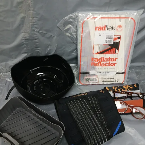 APPROXIMATELY 15 ASSORTED HOUSEHOLD PRODUCTS TO INCLUDE RADIATOR REFLECTOR, BACK BRACE, READING GLASSES ETC