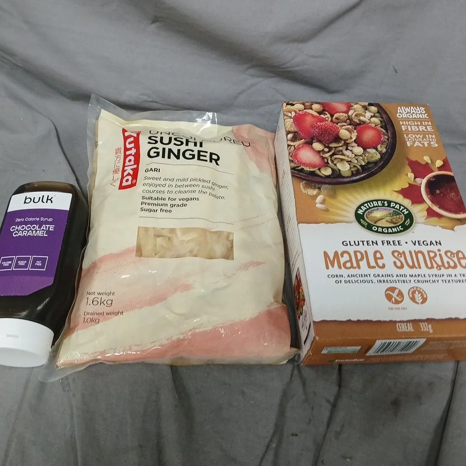 APPROXIMATELY 5 ASSORTED FOOD ITEMS TO INCLUDE CHOCOLATE SAUCE, SUSHI GINGER AND MAPLE SUNRISE
