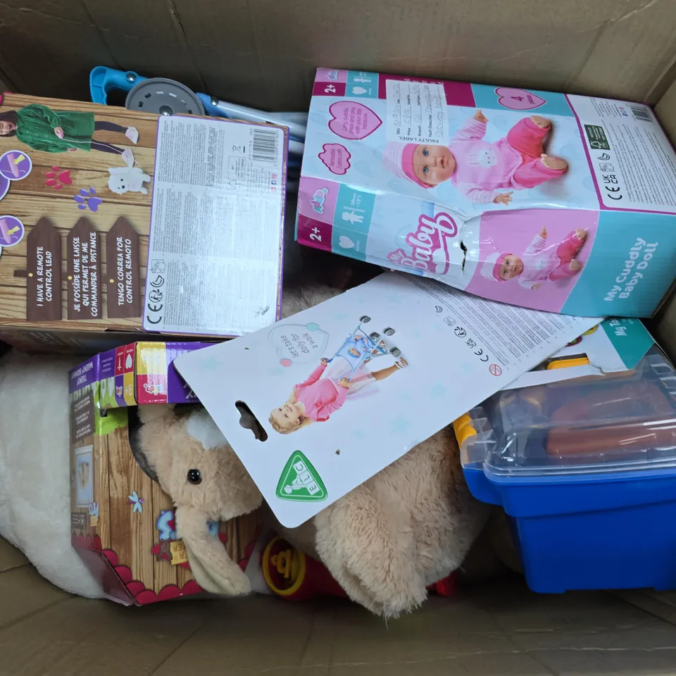 APPROXIMATELY 10 ASSORTED TOYS & GAMES PRODUCTS TO INCLUDE TEDDY BEARS, MYD CUDDLY BABY DOLL, BUSYME TOOL BOX, ETC - COLLECTION ONLY