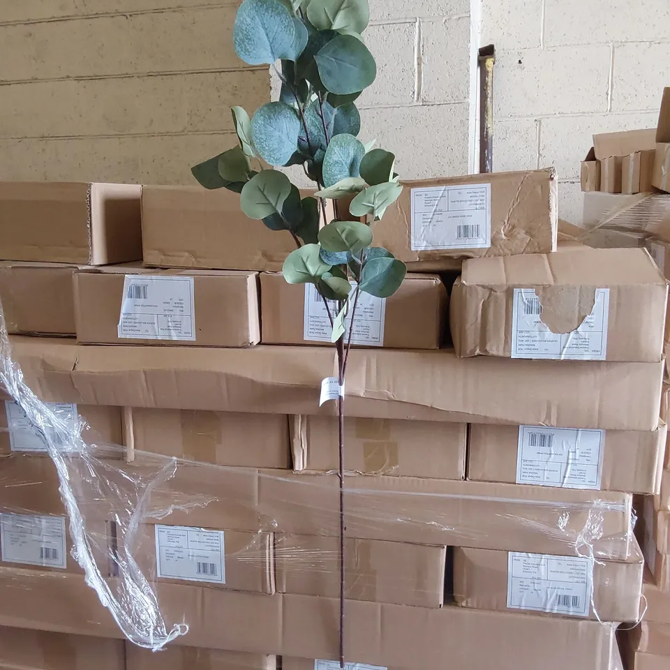 PALLET CONTAINING APPROXIMATELY 75 BOXES OF INDIVIDUAL STEM EUCALYPTUS FAUX FLOWERS // APPROX 24 X STEMS PER BOX