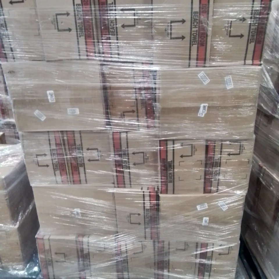 PALLET CONTAINING APPROXIMATELY 50 6-PACK BOXES OF BRAND NEW SUMMER THEMED BEACH TOWELS 