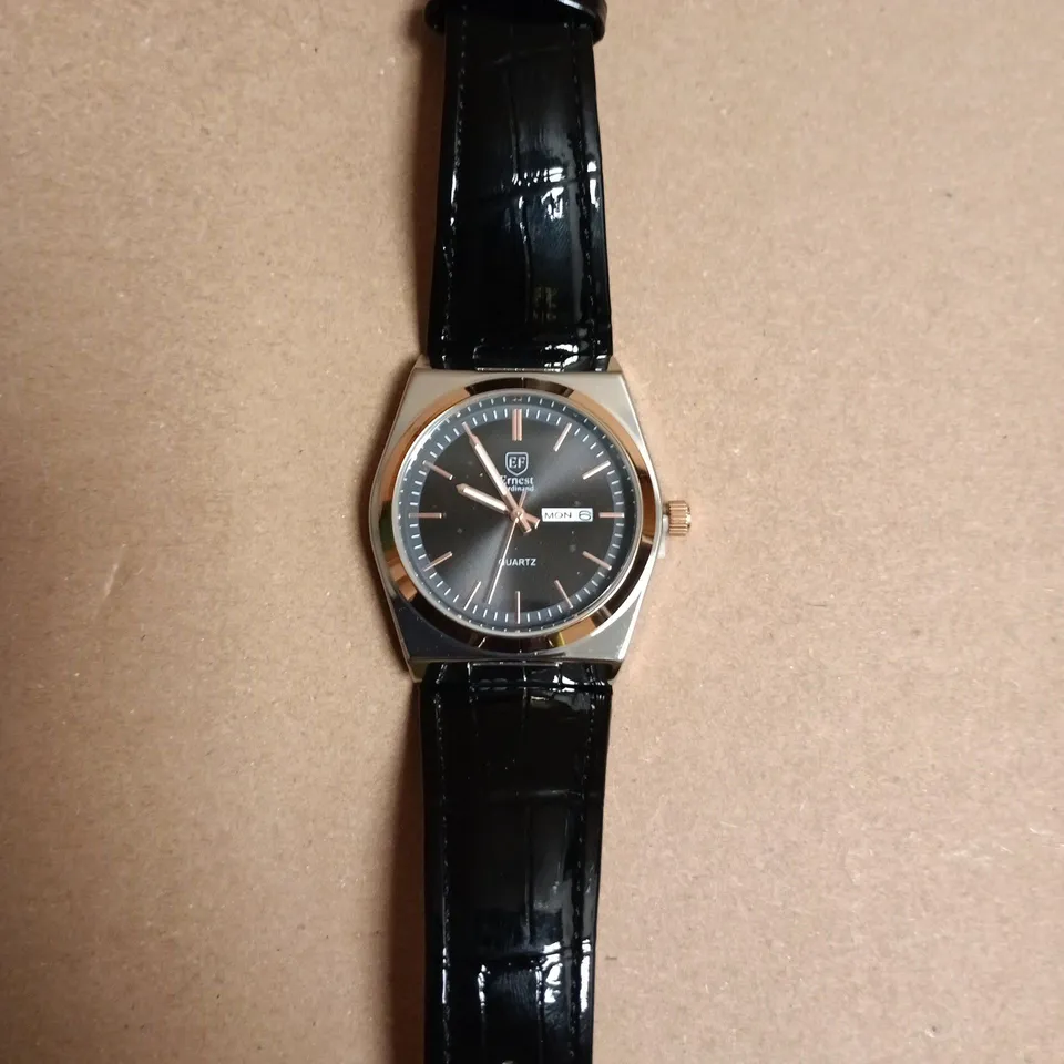 BOXED ERNEST FERDINAND EF QUARTZ WRISTWATCH – BLACK DIAL, LEATHER STRAP