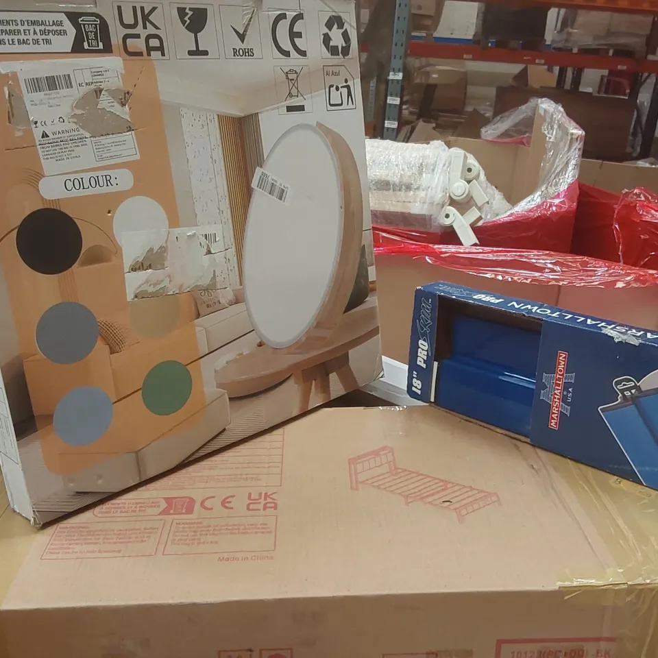 PALLET CONTAINING A LARGE QUANTITY OF ASSORTED ITEMS INCLUDING: MARSHALLTOWN PROSKIM 18" DRYWALL TOOL, METAL BED FRAME, LIGHT ECT