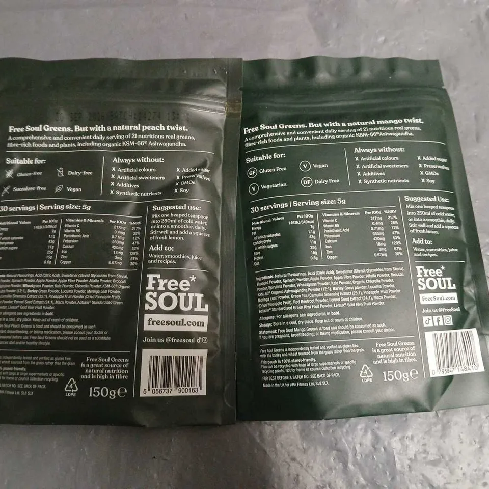 LOT OF 2 FREE SOUL 150G PACKS OF GREENS - PEACH AND MANGO