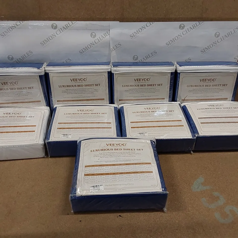 BOX OF 9X VEEYOO LUXURIOUS BED SHEET SETS, 8 IN BLUE, SIZE DOUBLE AND 1 IN WHITE, SIZE SINGLE (1 BOX)
