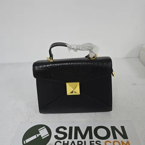 BLACK CROCODILE-EMBOSSED LEATHER HANDBAG WITH GOLD-TONE HARDWARE AND DETACHABLE STRAP