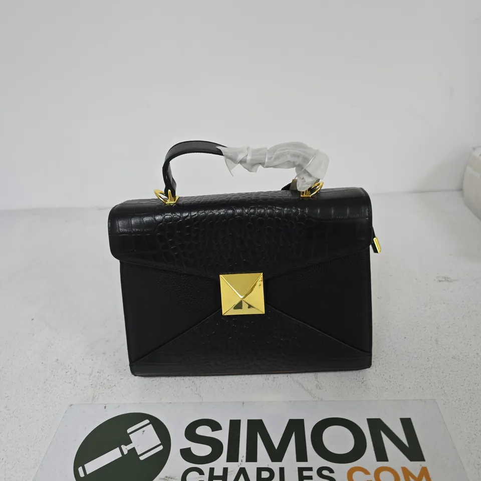 BLACK CROCODILE-EMBOSSED LEATHER HANDBAG WITH GOLD-TONE HARDWARE AND DETACHABLE STRAP