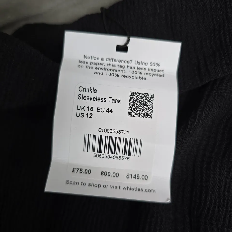 WHISTLES CRINKLE SLEEVELESS TANK TOP – BLACK, UK 16 (EU 44, US 12)