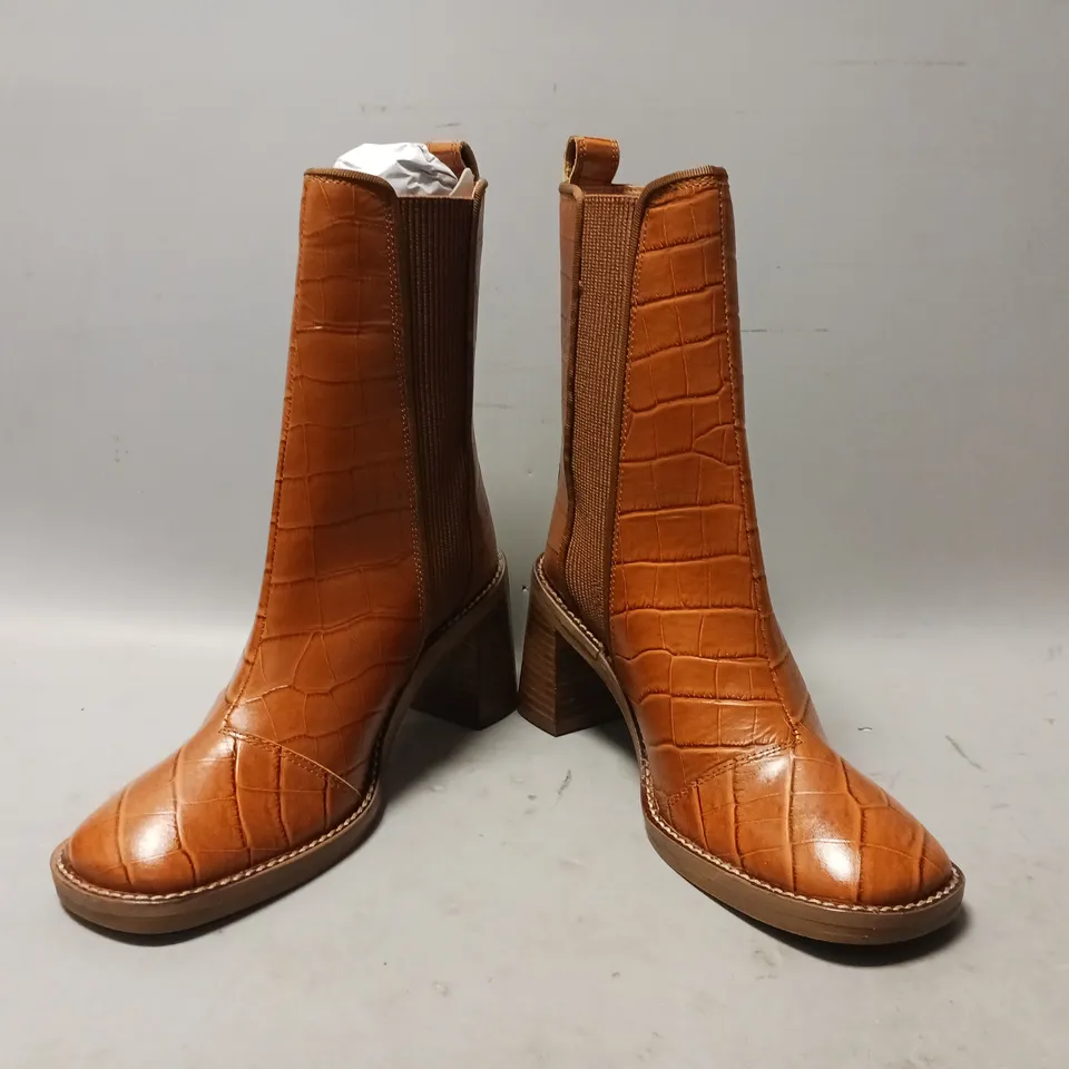 BOXED PAIR OF ASOS BLOCK HEEL ANKLE BOOTS IN TAN CROC SIZE 5