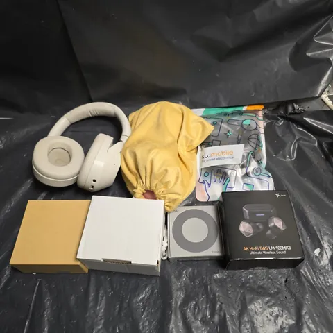 TOTE OF APPROX 10 ASSORTED HEADPHONES TOO INCLUDE WIRELESS EARBUDS AND  WIRED EARPHONES , ETC 