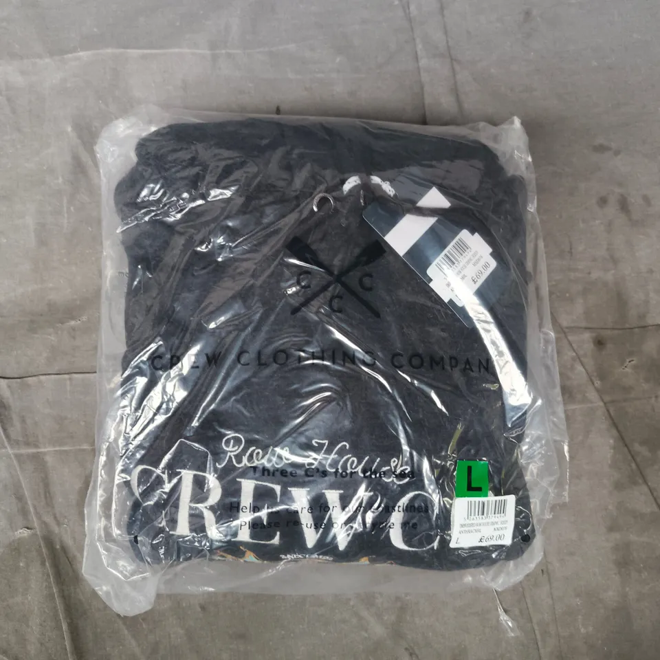 BAGGED CREW CLOTHING COMPANY EMBROIDERED ROW HOUSE GRAPHIC HOODY IN ANTHRACITE SIZE LARGE