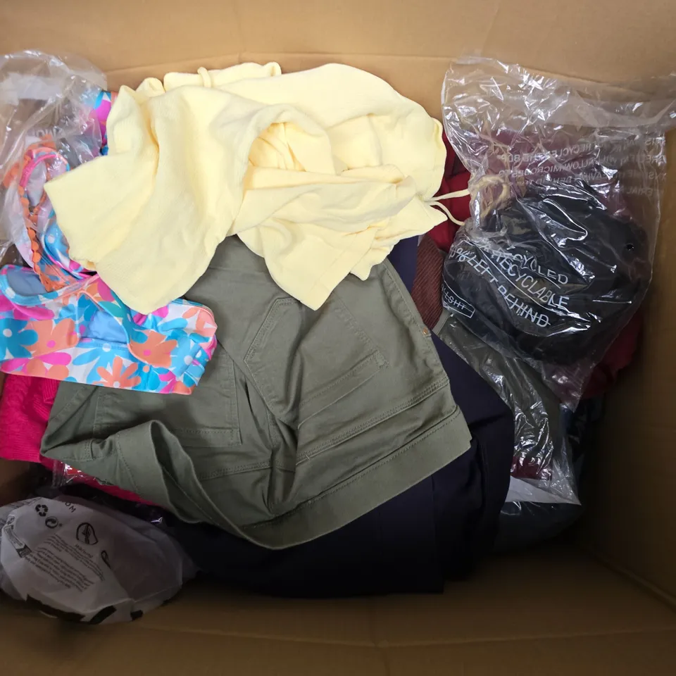 APPROXIMATELY 40 ASSORTED CLOTHING ITEMS IN VARIOUS SIZES, STYLES & COLOURS TO INCLUDE TOPS, DRESSES, BOTTOMS, ETC - COLLECTION ONLY