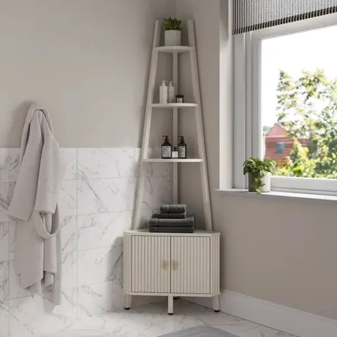 BOXED ELSIE CORNER LADDER SHELF WITH DOOR - STONE (1 BOX)