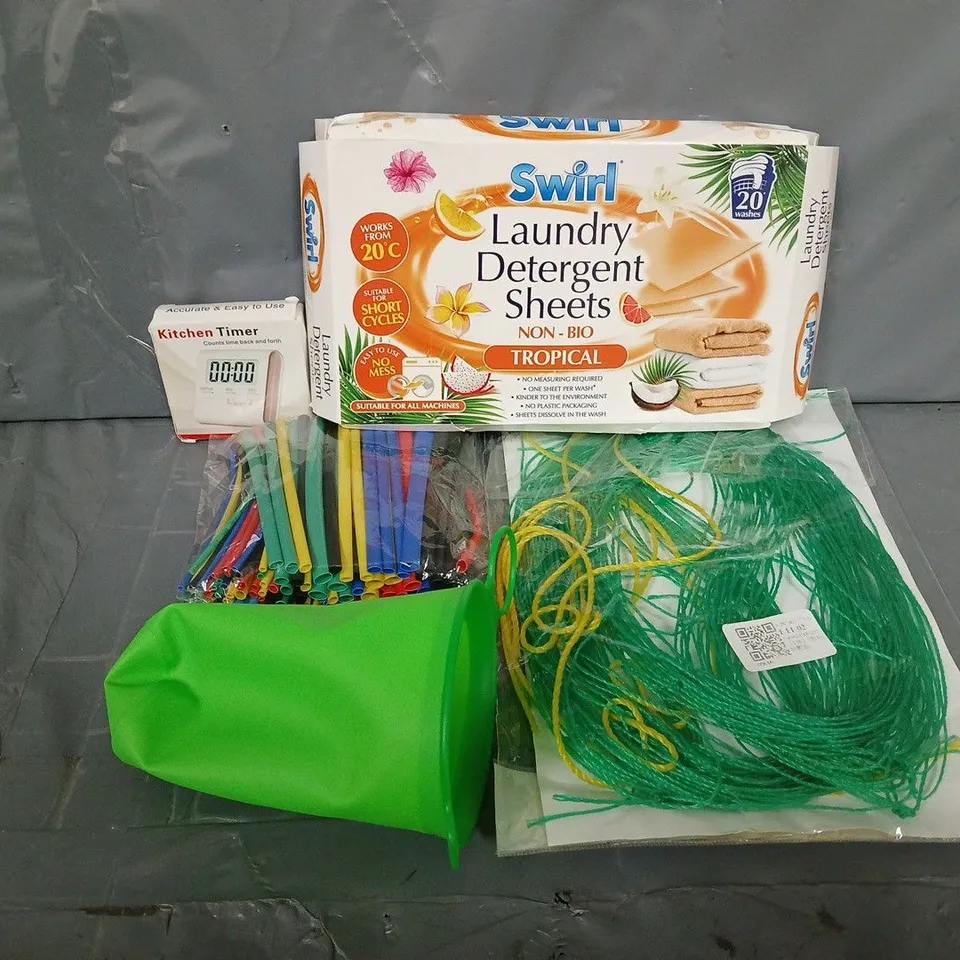 APPROXIMATELY 10 ASSORTED ITEMS TO INCLUDE - SWIRL LAUNDRY DETERGENT SHEETS ,KITCHEN TIMER ETC