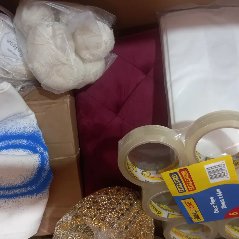 BOX OF APPROXIMATELY 20 ASSORTED HOUSEHOLD ITEMS TO INCLUDE COTTON TUBULAR BANDAGE, PRINTATION LABELS, CLEAR TAPE, ETC