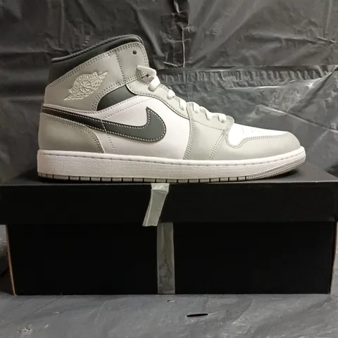 BOXED PAIR OF NIKE AIR JORDAN 1 MID SHOES IN GREY/WHITE/BLACK SIZE UK 11