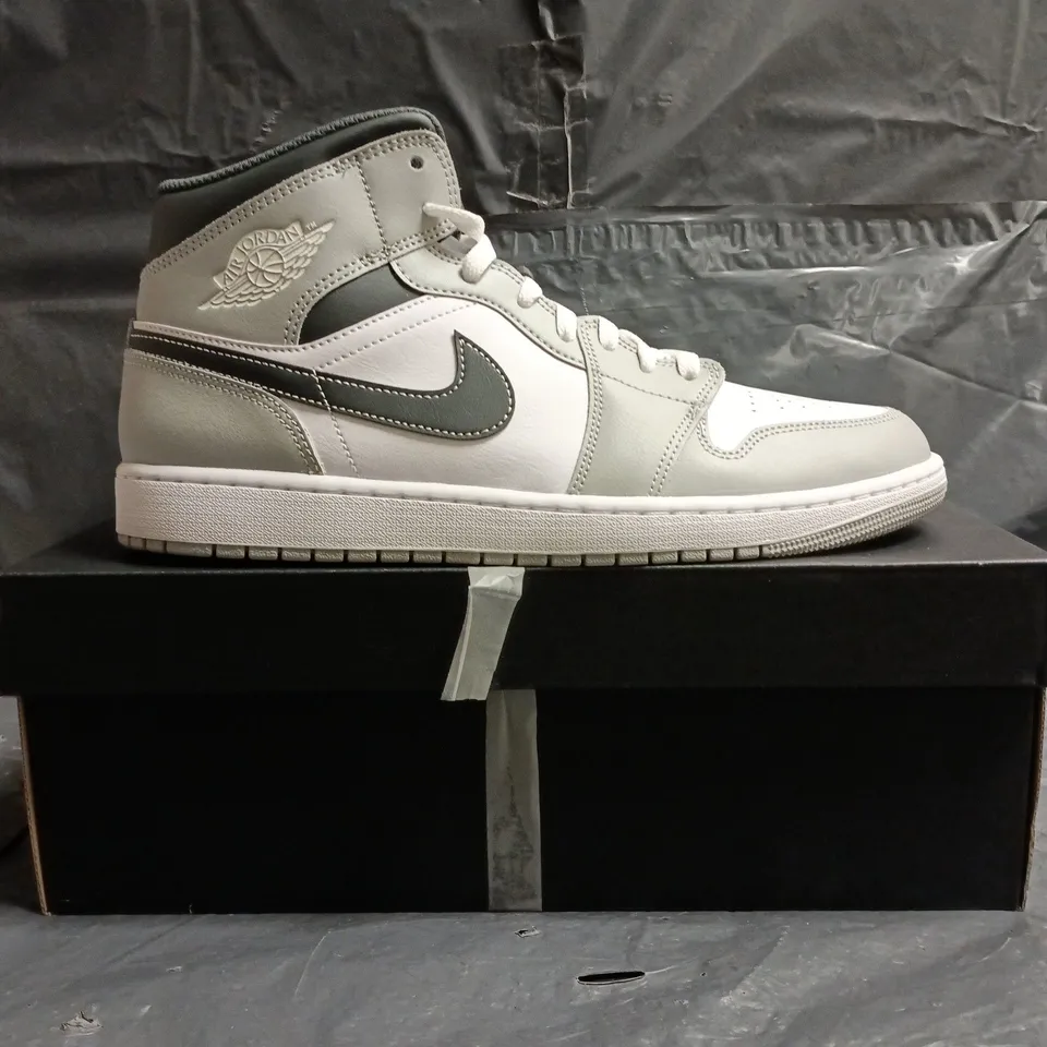 BOXED PAIR OF NIKE AIR JORDAN 1 MID SHOES IN GREY/WHITE/BLACK SIZE UK 11