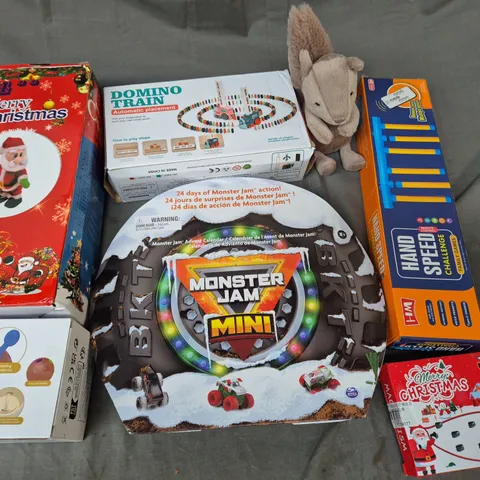 LOT OF ASSORTED TOYS AND ACTIVITIES TO INCLUDE DOMINO TRAIN, HAND SPEED CHALLENGE AND MONSTER JAM ADVENT CALENDAR