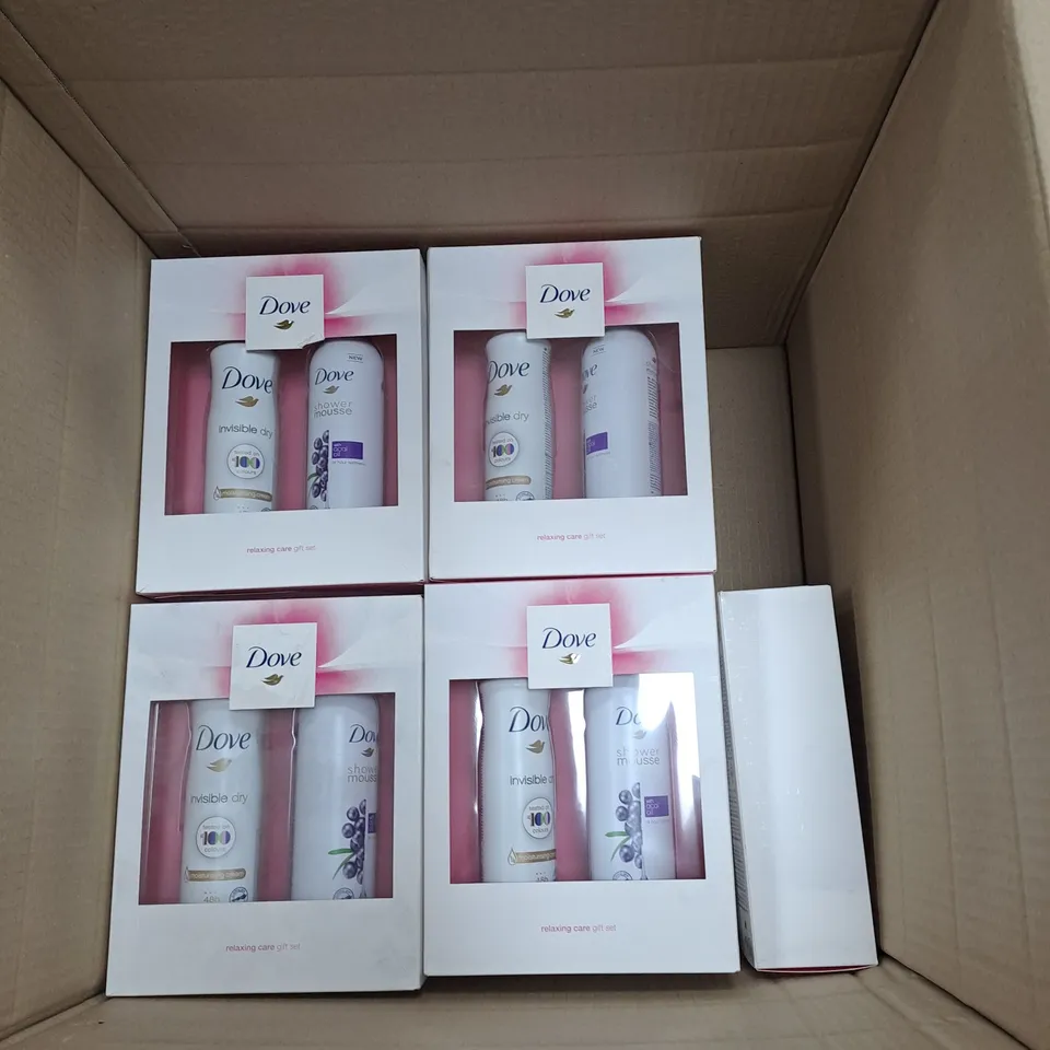 BOX OF APPROXIMATELY 13 DOVE DEODORANT AND SHOWER MOUSSE RELAXING CARE GIFT SET