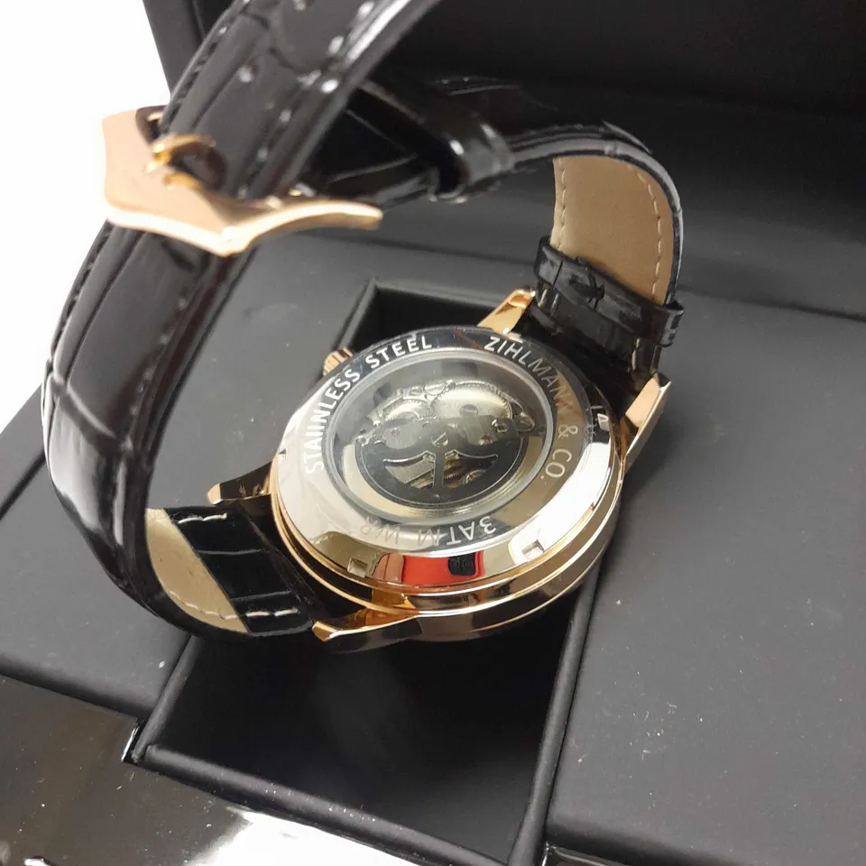 ZIHLMANN & CO SKELETON BLACK LEATHER STRAP WATCH