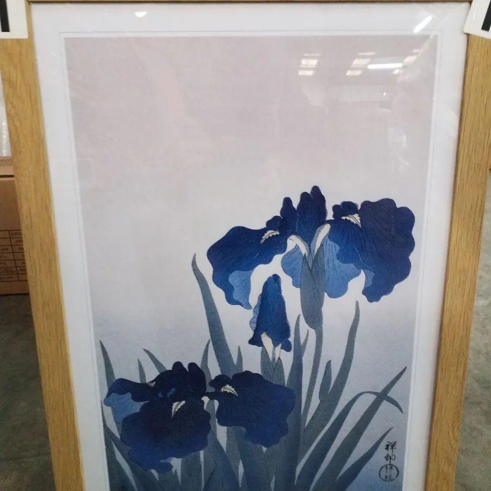 BOXED BLUE IRIS FLOWERS BY OHARA KOSON - PICTURE FRAME PAINTING PRINT 